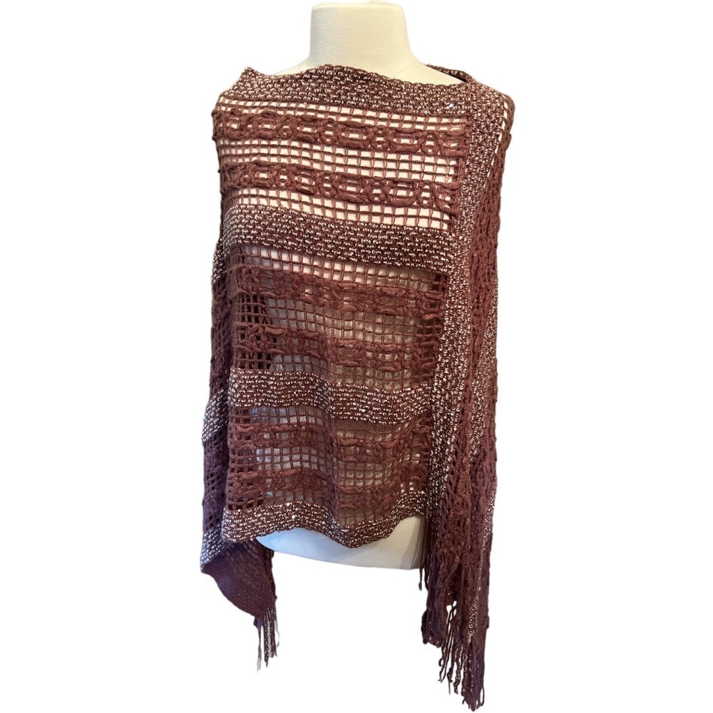 Poncho Open Weave Sequin and Silver Thread  Details Fringe Length 22” OS‌‌‌‌‌‌‍‍